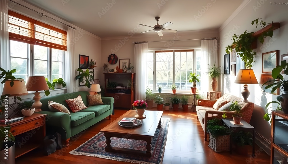 Fototapeta premium Spacious Living Room with Large Windows and Greenery
