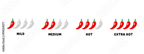 Red hot chili pepper levels. Mild, medium, hot, extra hot peper icons, illustrations.