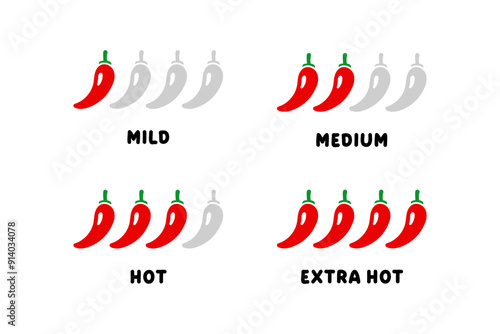 Red hot chili pepper levels. Mild, medium, hot, extra hot peper icons, illustrations.
