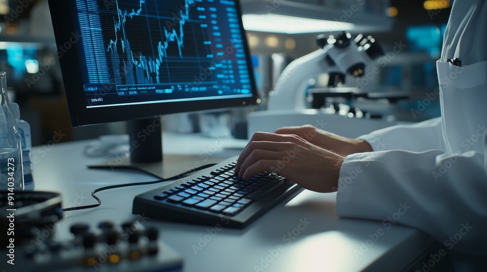 Typing on a keyboard while studying medical research, analyzing results of clinical trials Typing on a keyboard while studying medical research, analyzing results of clinical trials