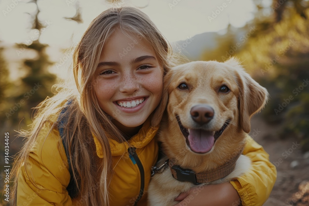 A smiling girl in a yellow jacket poses with her happy dog on a hiking trail, showcasing a heartwarming moment of friendship and joy during an outdoor adventure. A smiling girl in a yellow jacket poses with her happy dog on a hiking trail, showcasing a heartwarming moment of friendship and joy during an outdoor adventure.