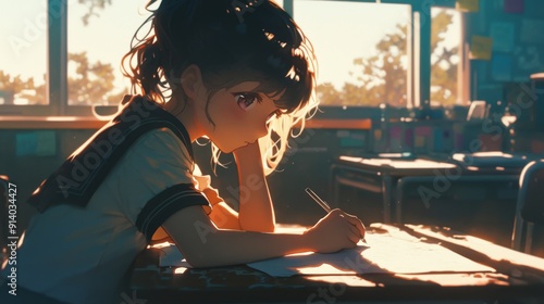 Contemplative Anime-Style Female Student Writing Test in Classroom: Creative Illustration for World Book Day. AI-Generated 4K Wallpaper Depicting Campus Life, Graduation Preparation, and Educational J photo