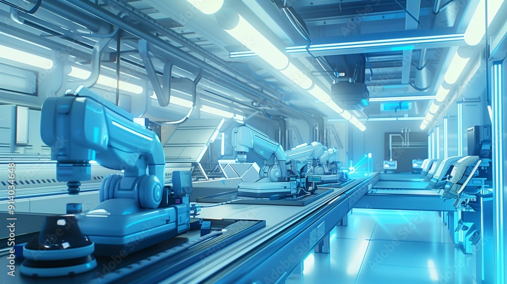 Row of robotic arms working on an assembly line in a futuristic factory, featuring bright lights and a sterile, modern aesthetic Row of robotic arms working on an assembly line in a futuristic factory, featuring bright lights and a sterile, modern aesthetic