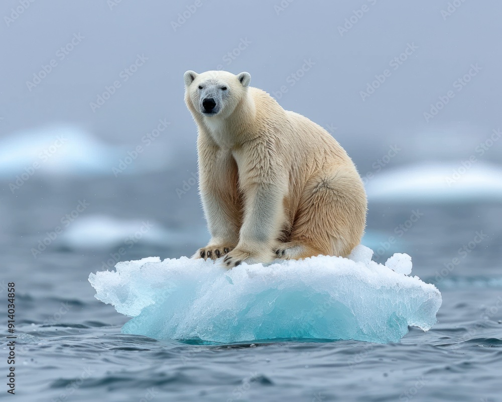 A polar bear is on a small iceberg floating alone in the ocean A polar bear is on a small iceberg floating alone in the ocean