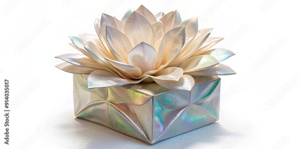 Delicate, intricately designed tissue paper box in blooming flower shape, crafted from shimmering iridescent pearl paper, stands alone on a transparent background, exuding elegance. Delicate, intricately designed tissue paper box in blooming flower shape, crafted from shimmering iridescent pearl paper, stands alone on a transparent background, exuding elegance.