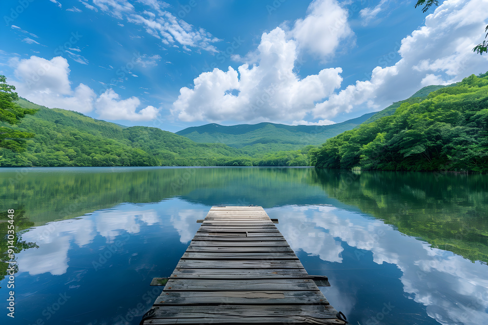Obraz premium Peaceful lakeside retreat amidst lush forest with mountain backdrop and serene reflections