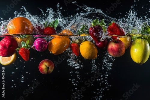 Many fruits and vegetables falling into water against black background with generative ai