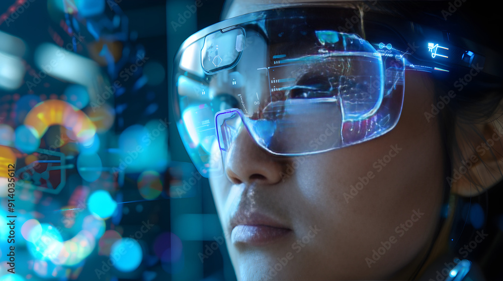 A person with augmented reality smart glasses, interacting with digital information in real time. A person with augmented reality smart glasses, interacting with digital information in real time.