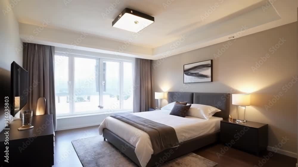 Modern, elegant bedroom featuring minimalistic decor and natural lighting Modern, elegant bedroom featuring minimalistic decor and natural lighting