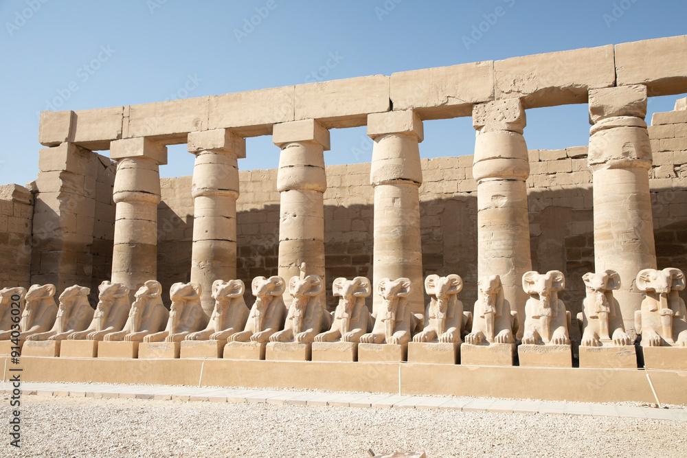 Beautiful view of ram sculptures in ancient Karnak Temple in Luxor, Egypt
