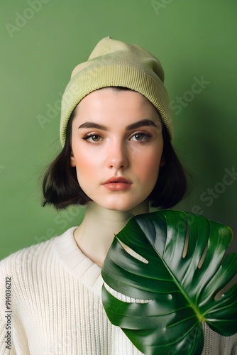 portrait of a beautiful young woman in a hat and sweater with a large monstera leaf on a green background photo