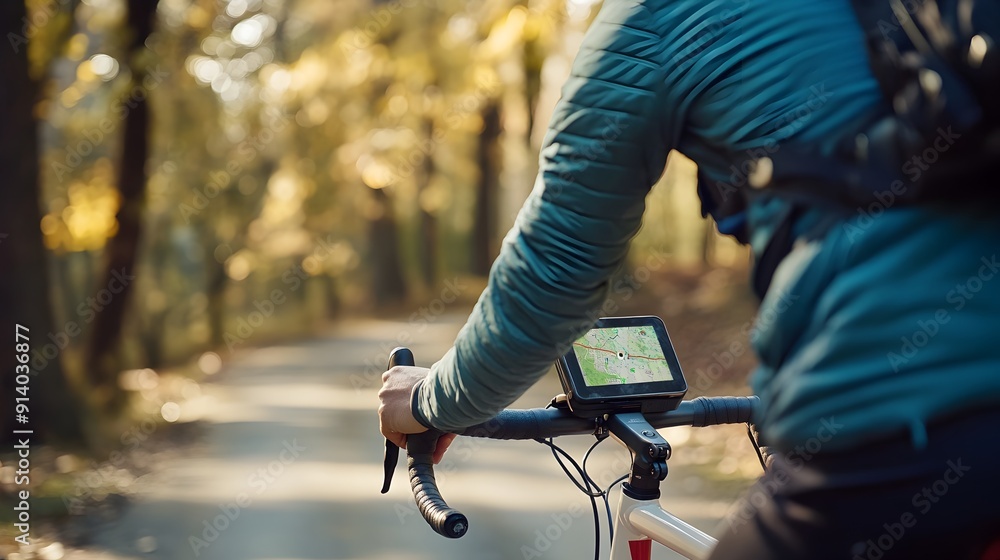 Obraz premium Cyclist Using GPS Device for Bike Route Navigation and Tracking