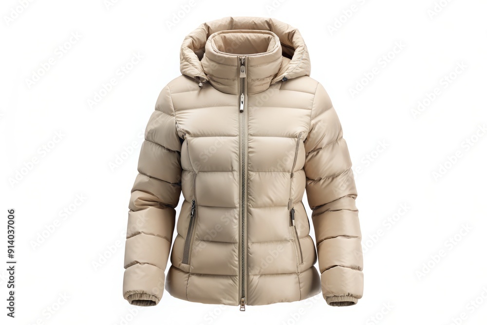Fototapeta premium Three-dimensional rendering of a beige women's puffer down jacket with zipped pockets isolated on a white background, showcasing winter clothing for females.
