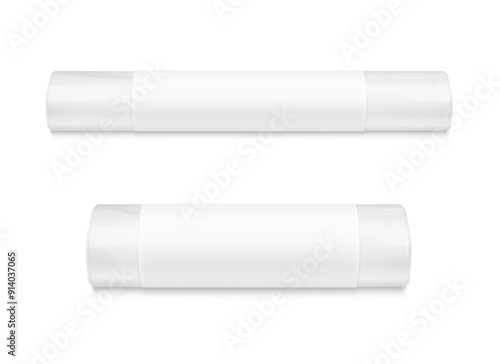 Clear plastic food storage roll bag mockups with paper label. High realistic. Vector illustration isolated on white background. Ready for use in presentation, promo, advertising and more. EPS10.