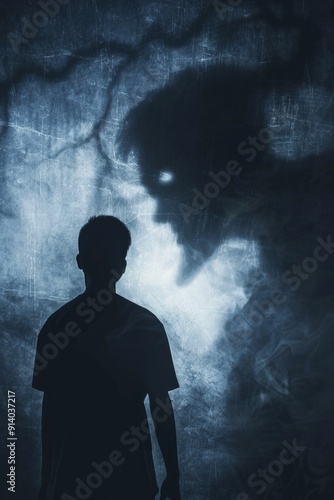 A dark shadow behind a person, the concept of the person's inner fear 