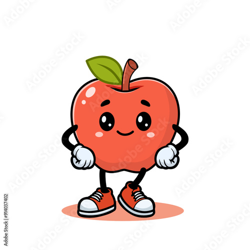 Apple cartoon character. Smiling apple character with red sneakers and a green leaf, standing with hands on hips.
