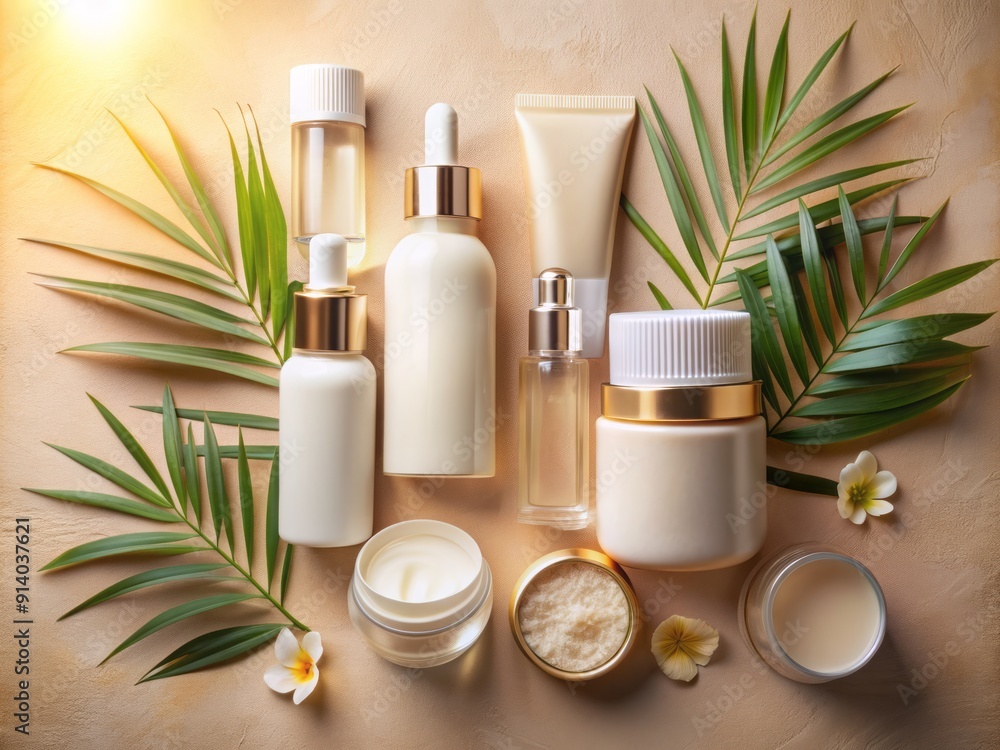 Natural light illuminates a curated selection of skincare essentials arranged artfully on a soft, beige background, evoking a sense of serene, high-end sophistication. Natural light illuminates a curated selection of skincare essentials arranged artfully on a soft, beige background, evoking a sense of serene, high-end sophistication.