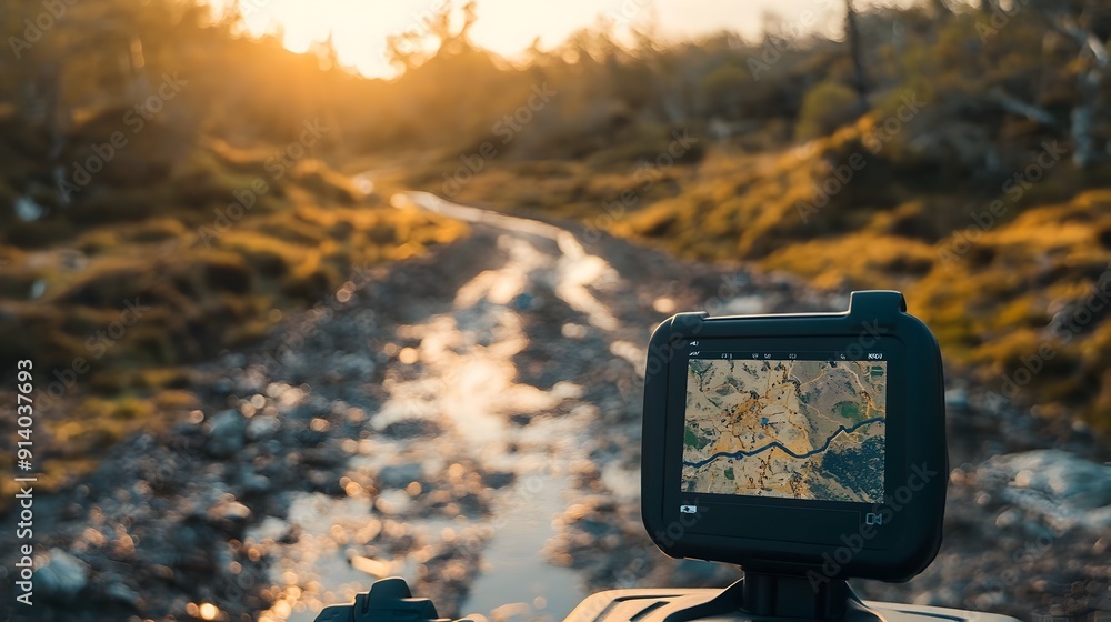 Fototapeta premium Off-road GPS Device Guiding Rugged Adventure Navigation Across Wilderness Landscape