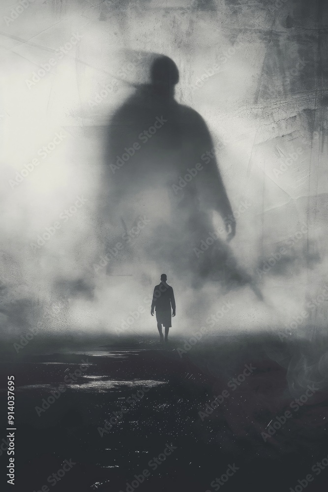 A dark shadow behind a person, the concept of the person's inner fear A dark shadow behind a person, the concept of the person's inner fear
