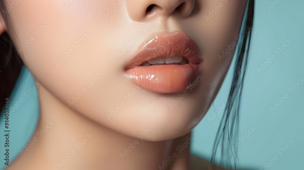 Closeup of Alluring Feminine Facial Features with Flawless Skin and Captivating Lips Closeup of Alluring Feminine Facial Features with Flawless Skin and Captivating Lips