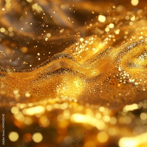 Gold sparkles in a viscous fluid have the effect of advection with the depth of focus and bokeh, while gold particles shimmer in the air. 3D model. Generative AI photo