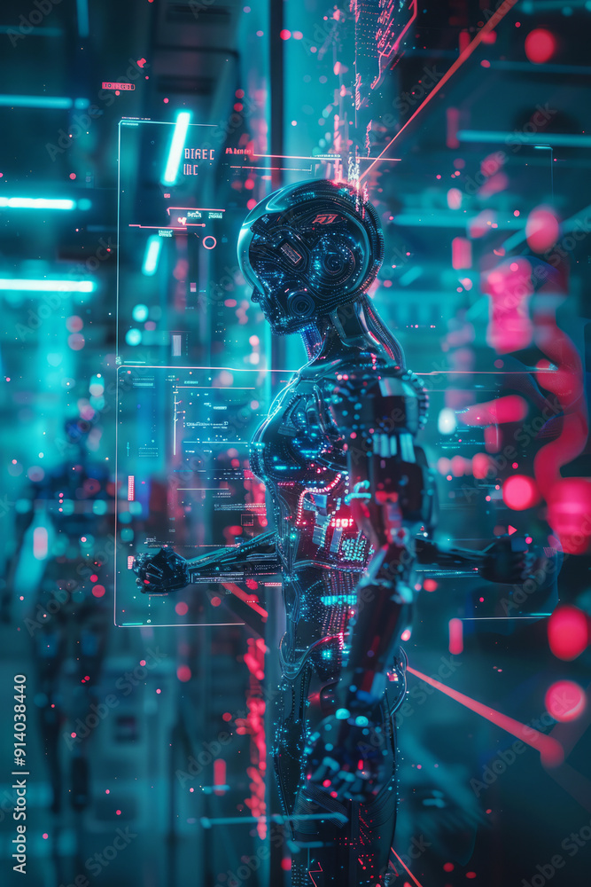 Robot is touching digital network connection. Artificial intelligence development. Android robot in cyberspace background. Machine learning concept Robot is touching digital network connection. Artificial intelligence development. Android robot in cyberspace background. Machine learning concept