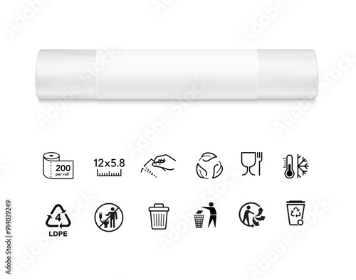 Clear plastic food storage roll bag mockups with paper label, recycling icons set. High realistic. Vector illustration isolated on white background. Ready for use in presentation, advertising. EPS10.