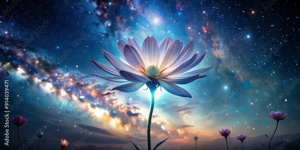 Delicate, iridescent flower blooms under the starry night sky, its ...