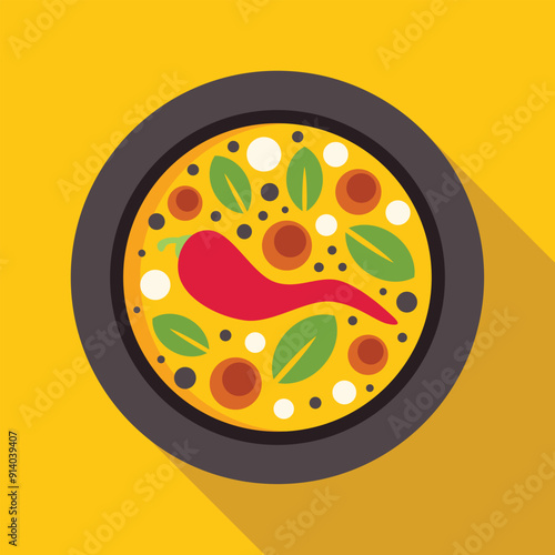 Indian food thali with chili pepper served in a black plate on yellow background