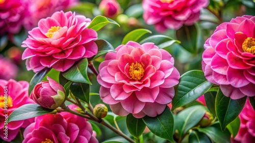 Vibrant pink Camellia blooms adorn the evergreen shrub, showcasing delicate, ruffled petals and yellow centers, against a soft focus, lush green foliage background. photo