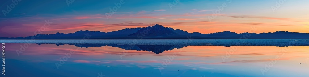 Fototapeta premium Serene Twilight Sky Gradient over Reflective Salt Flat with Mountain Silhouettes