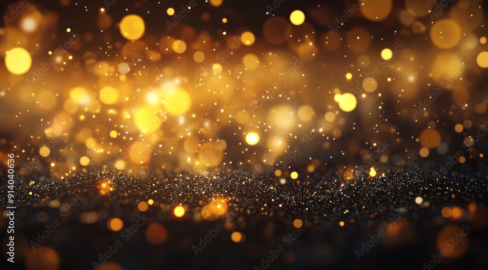 Fototapeta premium Gold sparkles in a viscous fluid have the effect of advection with the depth of focus and bokeh, while gold particles shimmer in the air. 3D model. Generative AI