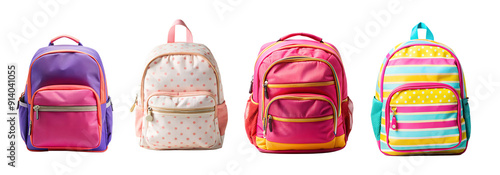 Set School Bags, Four Bright Colorful Backpacks, For Girls, For Boys, back to school, isolated on transparent background