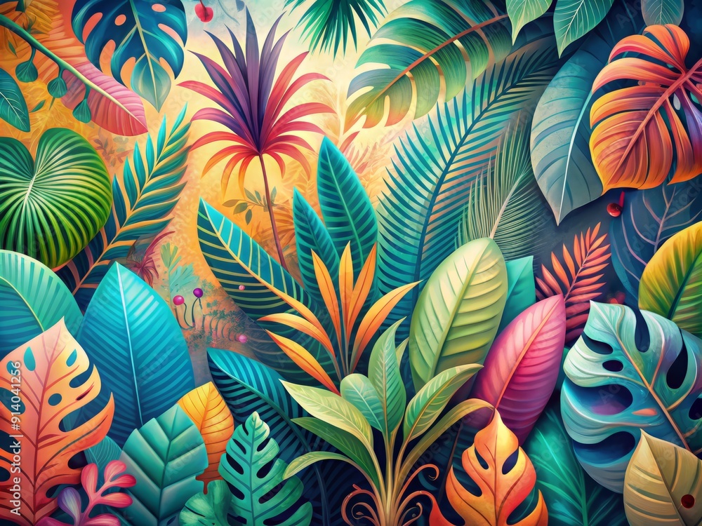 Vibrant jungle leaves transform into whimsical shapes and patterns against a soft pastel summer backdrop, evoking a surreal and dreamy abstract illustration of a fantastical world. Vibrant jungle leaves transform into whimsical shapes and patterns against a soft pastel summer backdrop, evoking a surreal and dreamy abstract illustration of a fantastical world.