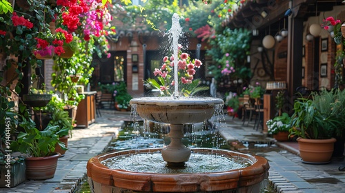 street fountains surrounded by flowers. Ai generated landscape image photo