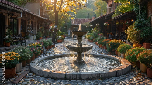 street fountains surrounded by flowers. Ai generated landscape image photo