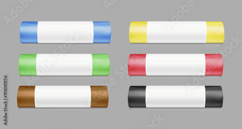 Garbage bag roll mockup set. High realistic. Vector illustration isolated on grey background. Ready for your design. EPS10.	