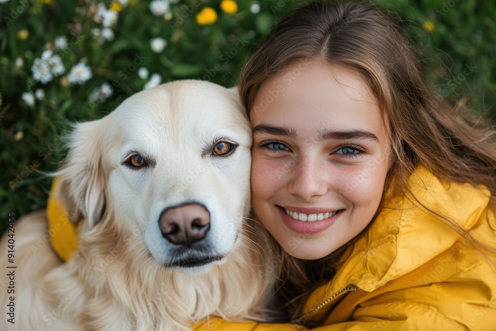 A touching close-up shot of a young girl wearing a yellow jacket lying in a field of daisies, closely hugging her white dog, both enjoying a serene and blissful moment. A touching close-up shot of a young girl wearing a yellow jacket lying in a field of daisies, closely hugging her white dog, both enjoying a serene and blissful moment.
