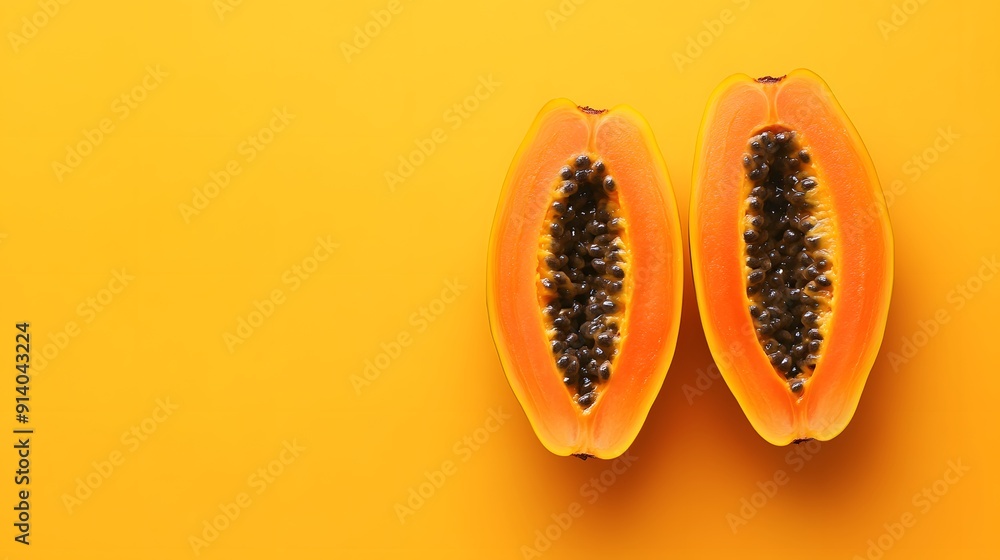 Halved papaya on light orange background, vibrant tropical fruit, close-up photography, juicy orange flesh, black seeds, contrasting colors, minimalist food styling. Halved papaya on light orange background, vibrant tropical fruit, close-up photography, juicy orange flesh, black seeds, contrasting colors, minimalist food styling.