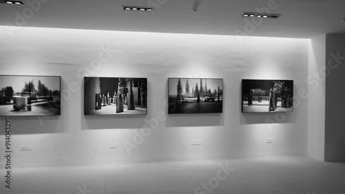 A modern art gallery featuring black and white photographs on display