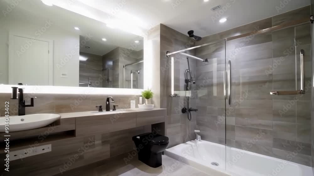 A modern bathroom featuring a sleek design with stylish fixtures and lighting A modern bathroom featuring a sleek design with stylish fixtures and lighting
