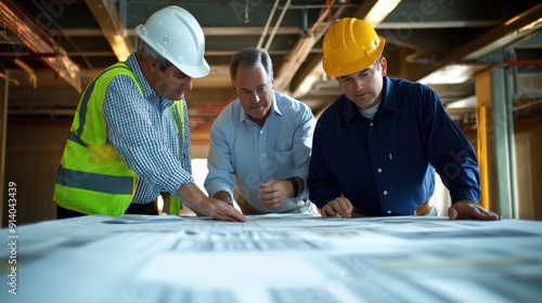 Generate a photo realistic image of a construction project team strategizing budget adjustment methods, with detailed financial charts and adjustment plans; ensure the image is of high resolution