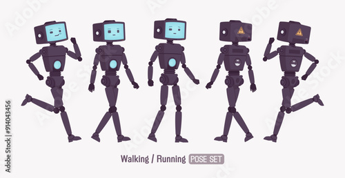 Robot friend smart cute AI technology chat bot run, walk pose set, black retro body, artificial intelligence assistant, interactive online helper, CRT computer head screen face. Vector illustration