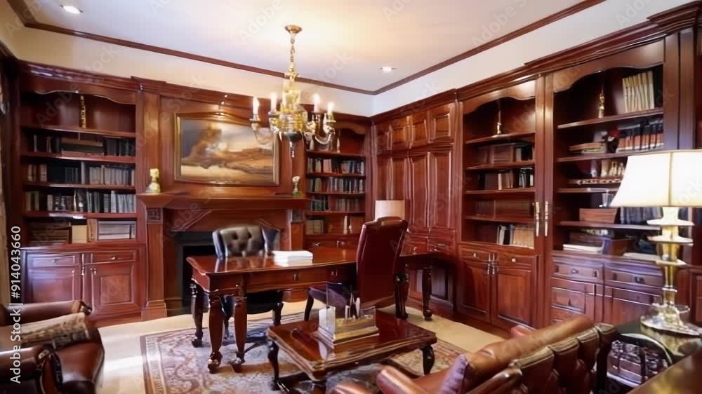 A luxurious wooden office with elegant decor and a warm, inviting atmosphere A luxurious wooden office with elegant decor and a warm, inviting atmosphere