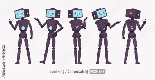 Robot friend smart cute AI technology chat bot speak, talk pose set, black retro body, artificial intelligence assistant, interactive online helper, CRT computer head screen face. Vector illustration