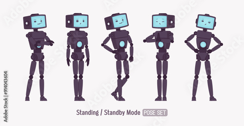 Robot friend smart cute AI technology chat bot standing pose set, black retro body, artificial intelligence assistant, interactive online helper, CRT computer head screen face. Vector illustration