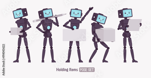 Robot friend smart AI technology chat bot holding items pose set, black retro body, artificial intelligence assistant, interactive online helper, CRT computer head screen face. Vector illustration
