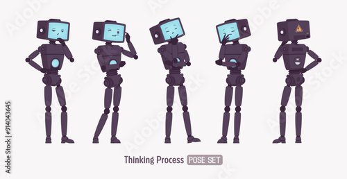 Robot friend smart cute AI technology chat bot thinking pose set, black retro body, artificial intelligence assistant, interactive online helper, CRT computer head screen face. Vector illustration