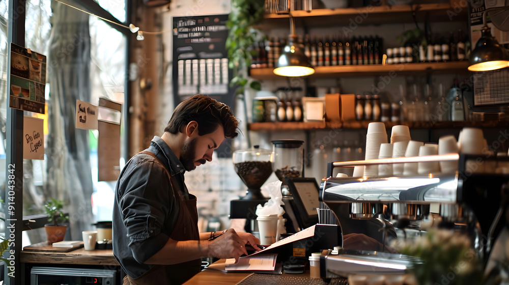 Focused individual brainstorming ideas and strategies for a business plan while sipping coffee in a cafe. Focused individual brainstorming ideas and strategies for a business plan while sipping coffee in a cafe.