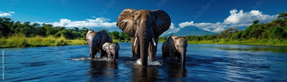 Fototapeta premium A serene scene of elephants wading through a tranquil water body,